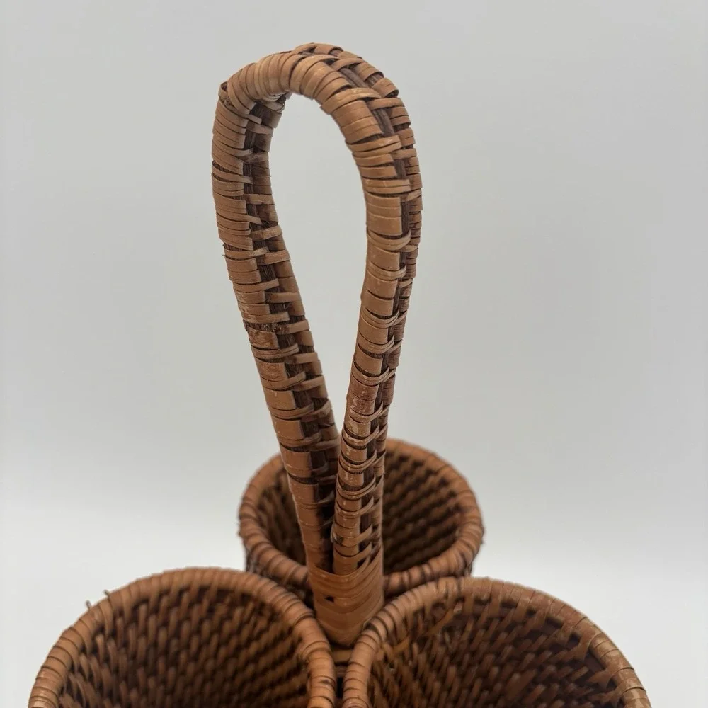 Vintage Rattan Three Bottle Wine Holder Utensil Caddy‎